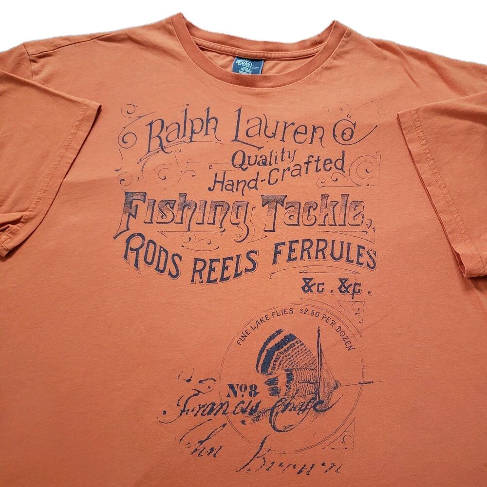 Vintage Polo Ralph Lauren Fishing Tackle Sz 2XL Mens Orange T-Shirt Rods Reels